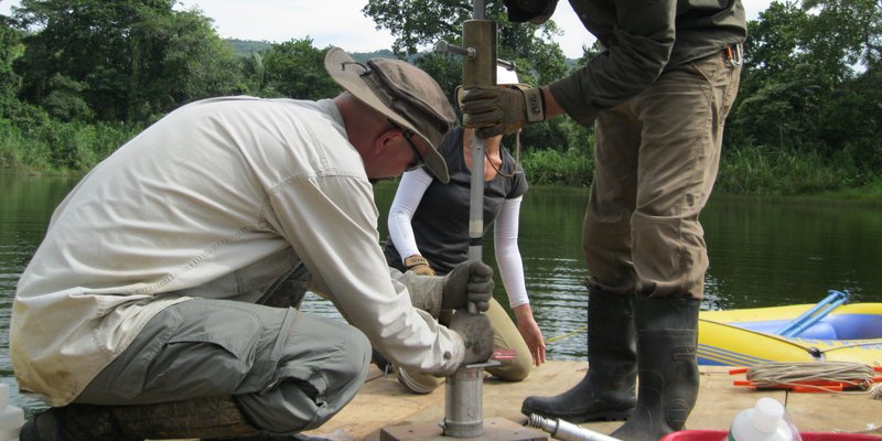 Piston coring from a floating platform on a tropical lake